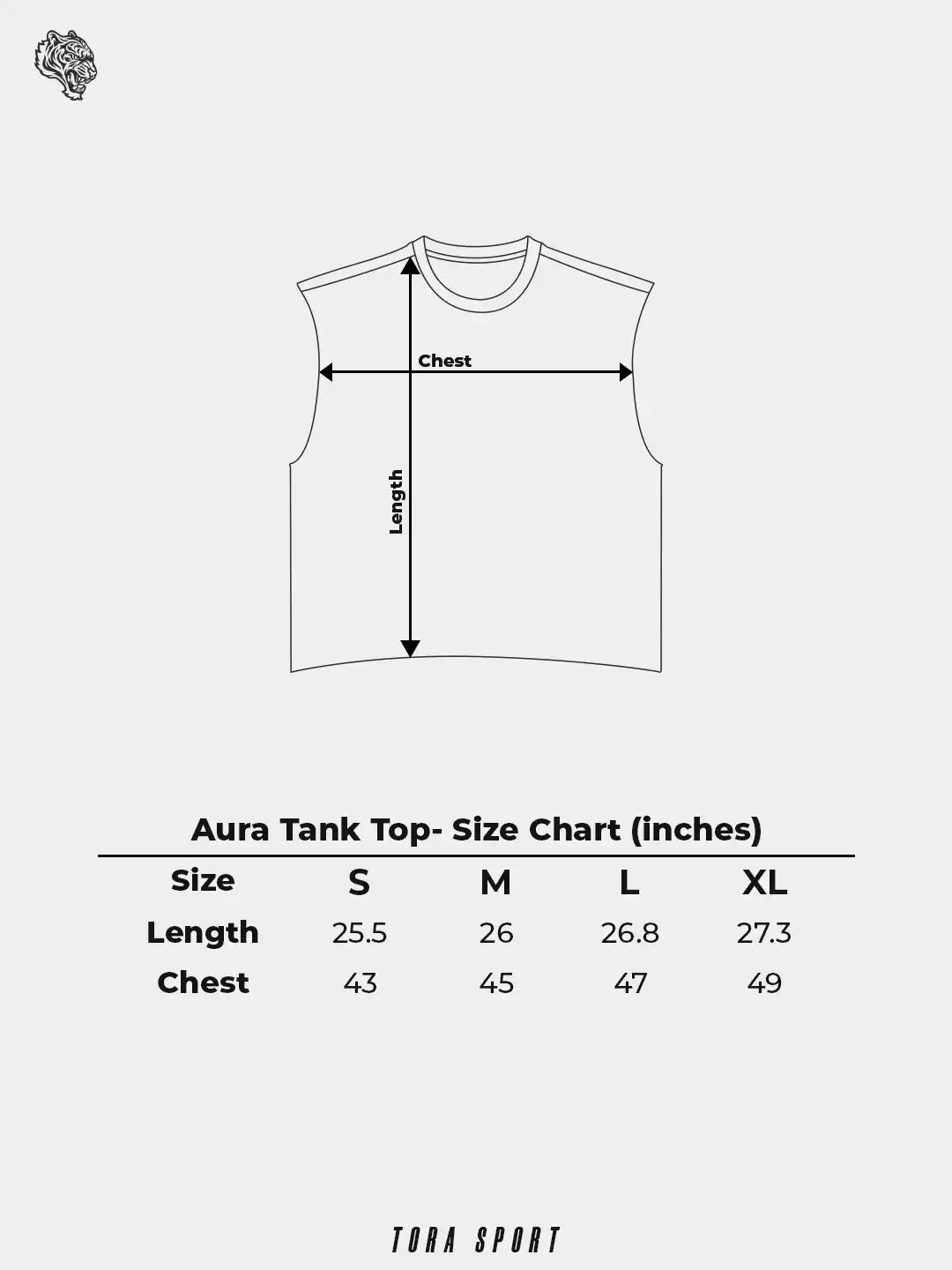 Aura tank top size chart with chest and length measurements for sizes S to XL.