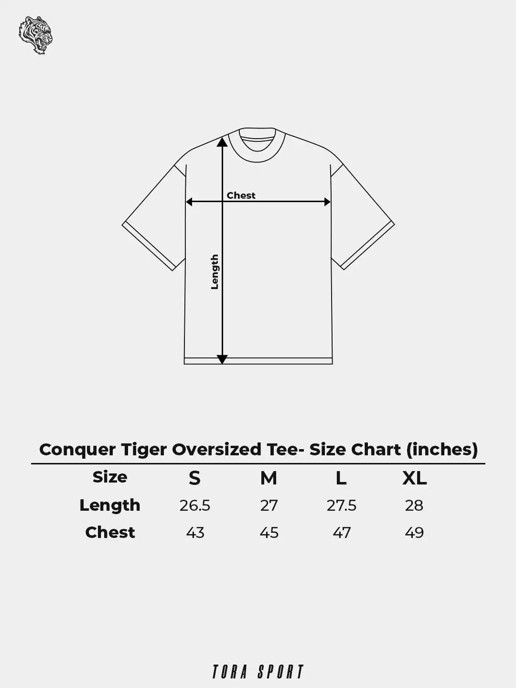 Conquer Tiger Oversized Tee size chart with chest and length measurements for S to XL