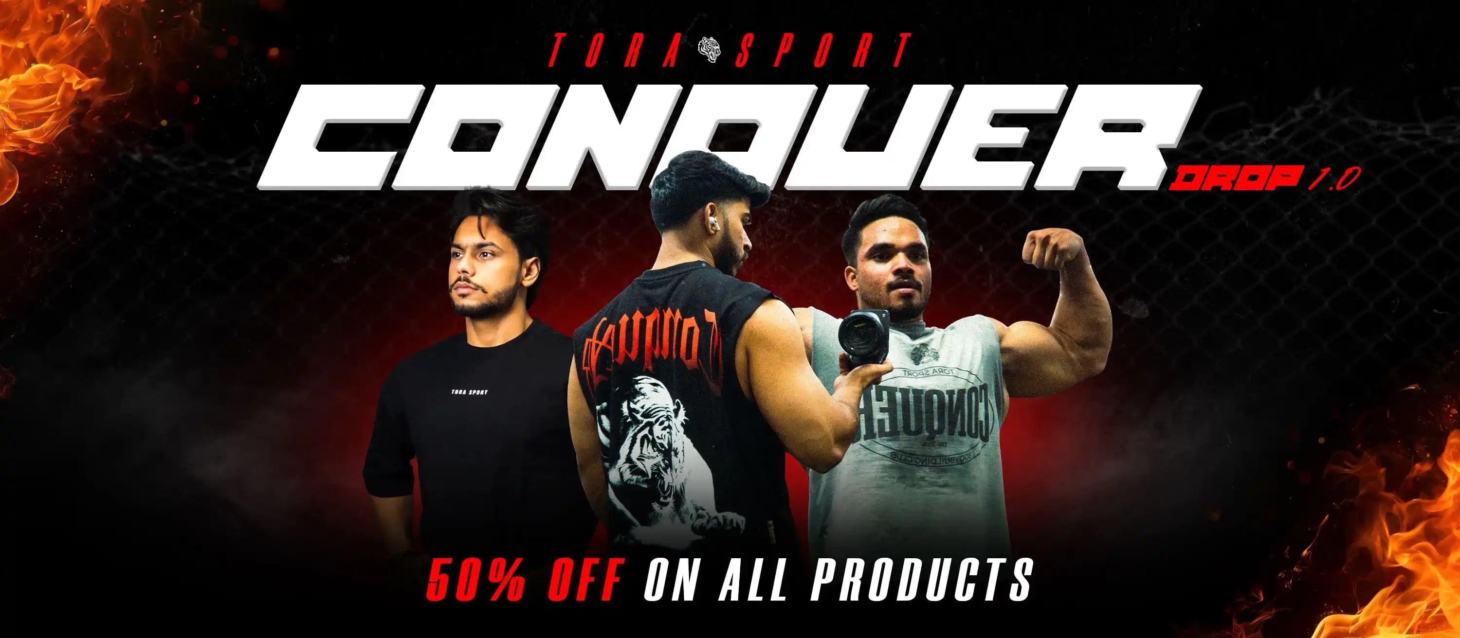 Men modeling premium gym wear with bold graphics, flexing in athletic apparel, discount offer banner