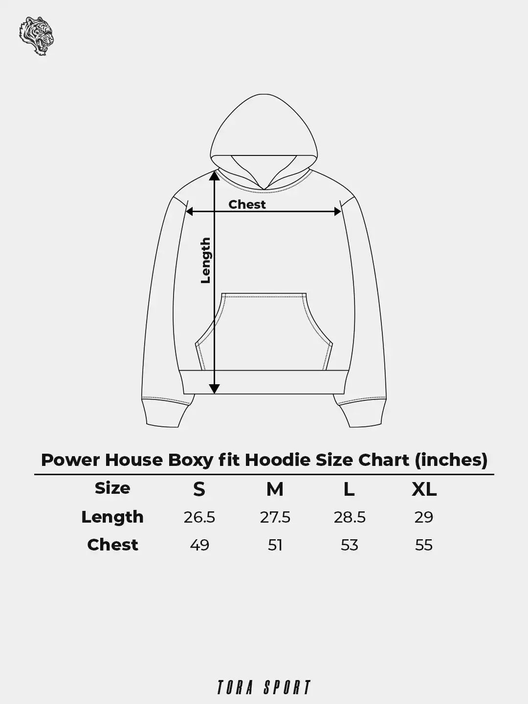 Power House boxy fit hoodie size chart showing length and chest measurements for S to XL.